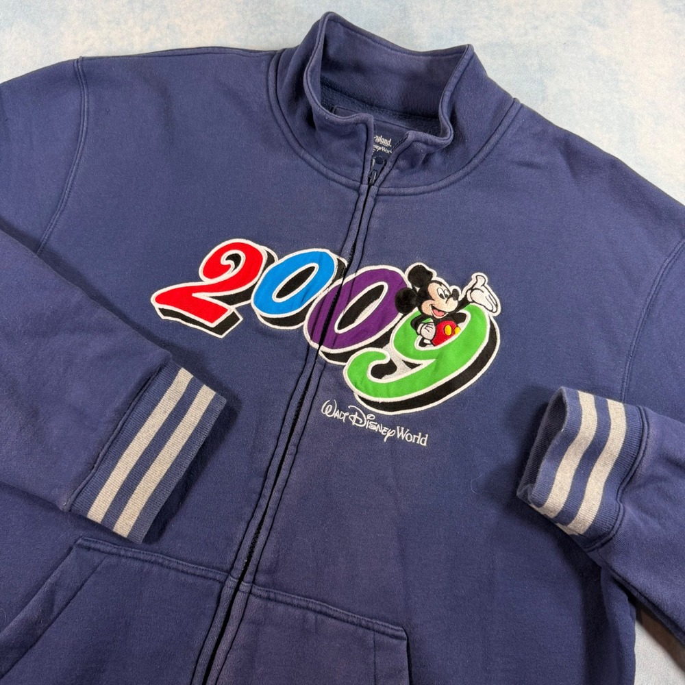 Disney Full Zip Sweatshirt Mens XL Navy Blue Excellent 2009 Mickey Mouse Varsity